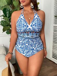 Swim Lushoire Plus Size Women 2pcs Set All-Over Print Halter V-Neck Sexy Casual/Vacation Tankini Swimwear, For Summer Beach - Blue and White - View 6