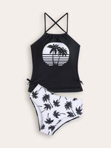 Tween Girl New Fashion Coconut Tree Printed Tank Top And Bikini Set - Multicolor - View 1