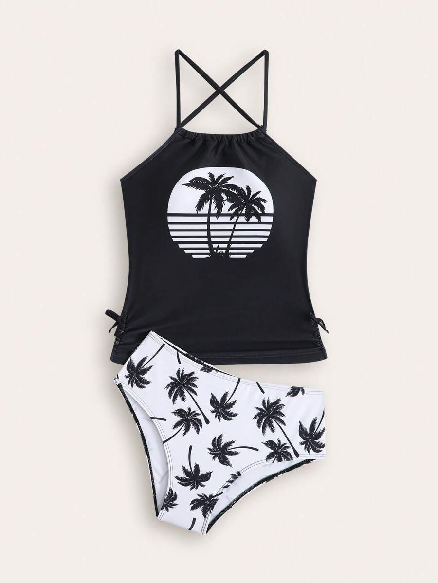 Tween Girl New Fashion Coconut Tree Printed Tank Top And Bikini Set - Multicolor - View 1