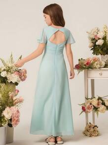 Vestido largo de gasa con mangas con volantes para niña preadolescente dama de honor, para boda, ceremonia, fiesta de cumpleaños
