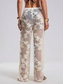 Swim Chiccia Atuendo de verano para mujeres, pantalones anchos y sueltos, tipo pareo para la playa, con diseño de malla calada y bordado floral - Albaricoque - Ver 3