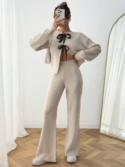 EURMUSE Dam 2 band detaljerad rosett kofta och tröja byxa 2 st Set Co-ords