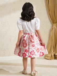 SHEIN Young Girl 2 Pieces Set: Jacquard Puffed Sleeve Top With Stand Collar And A-Line Skirt - Red - View 2