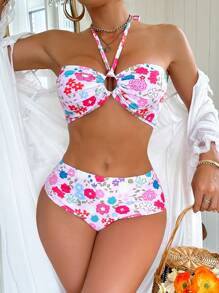 Swim DD+ Women's Floral Print Bandeau Bikini Set With Removable Straps, Vacation Swimwear, For Summer Beach
