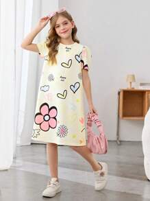SHEIN Tween Girl Casual Cartoon Floral Print Round Neck Puff Sleeve A-Line Dress