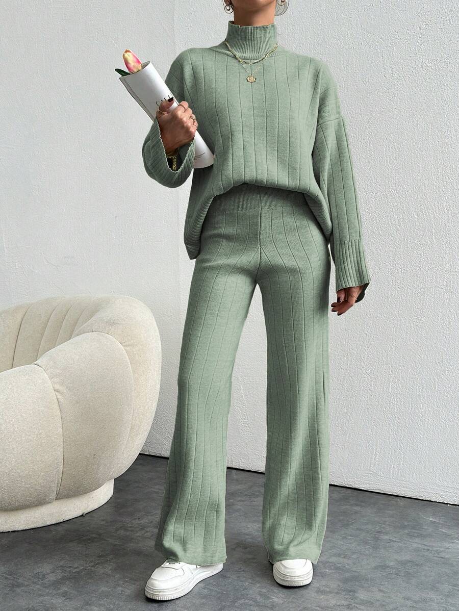 EURMUSE 2pcs Women Knitted Set, Solid Color Top And Long Pants - Mint Green - View 1