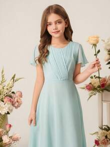 Vestido largo de gasa con mangas con volantes para niña preadolescente dama de honor, para boda, ceremonia, fiesta de cumpleaños