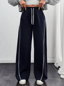 SHEIN Women Stripe Piping Detailed Wide Leg Sweat Pant - Blue - View 1