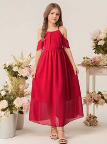 Robe longue élégante et minimale pour jeune femme avec épaules dénudées, manches à volants, taille haute, en chiffon unicolore. Robe de demoiselle d'honneur pour mariage et soirée pour filles - Rouge - Voir 6