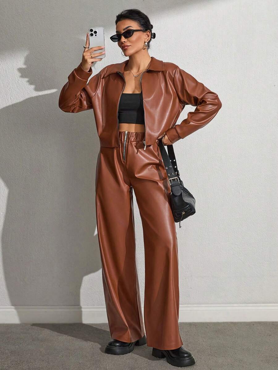 SHEIN Completo giacca e pantaloni in pelle cammello con cerniere in metallo