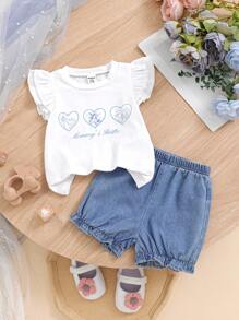 SHEIN Babygirl Summer Cute White Heart Flower Print T-Shirt & Denim Shorts Set,Fashionable Cap Sleeve Top,Family Matching Casual Little Princess Outfit - White - View 10