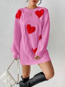 Chiquease 女士心形图案落肩长袖针织连衣裙，秋冬 - 玫紅色 - 查看 5