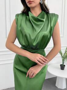 SHEIN Tall 海軍藍優雅垂墜細節長洋裝，適合高個女性 - 綠色 - 查看 5