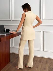 EURMUSE WOMEN BELT DETAILED ELEGANT SUIT SET WITH WAIST - Beige - View 6