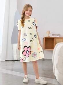 SHEIN Tween Girl Casual Cartoon Floral Print Round Neck Puff Sleeve A-Line Dress