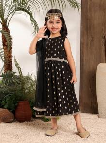 SHEIN 两件套适合年轻女孩的端庄优雅的晚礼服，黑色，带金箔印花 - 黑色 - 查看 4