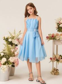 Tween Girls Rochie de lungime mijlocie, elegantă în straturi, albastru deschis, cu bretele spaghete, potrivită pentru Ziua Îndrăgostiților, bal, petrecere, aniversare, performanță și alte ocazii