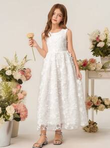 少女优雅奢华可爱圆领白色情人节雪纺覆盖无袖派对礼服适合庆典、婚礼、派对、活动等场合 - 白色 - 查看 8