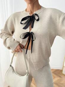 EURMUSE Women 2 Ribbon Detailed Bow Tied Cardigan And Sweater Pant 2pcs Set Co-Ords,Petite,Winter Clothes