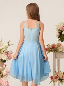 Tween Girls Rochie de lungime mijlocie, elegantă în straturi, albastru deschis, cu bretele spaghete, potrivită pentru Ziua Îndrăgostiților, bal, petrecere, aniversare, performanță și alte ocazii
