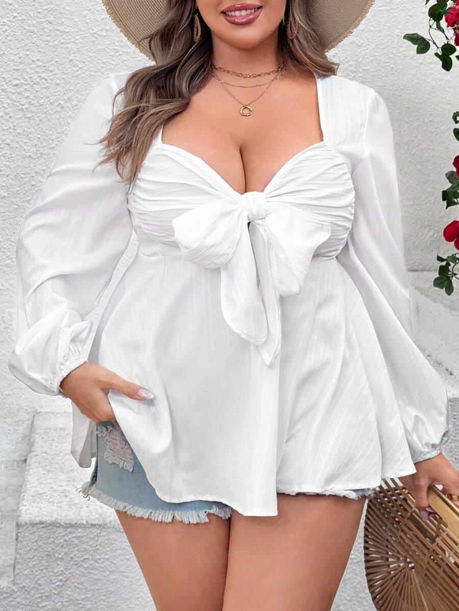 Sunnyshic Plus Size Sweet Bowknot Waist Shirt, Casual Simple Fashionable Daily Wear