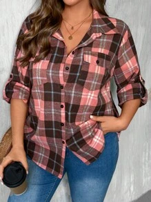 SHEIN LUNE Koszula damska w kratkę, dopasowana, z baskinką i dużym dekoltem w rozmiarze plus size