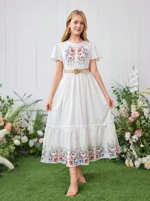 少女荷叶边短袖数码印花连衣裙，适合度假、夏季、旅行