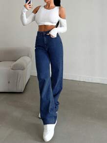 SHEIN Cottnline 100%纯棉高腰休闲直筒牛仔裤 - 中等水洗藍 - 查看 6