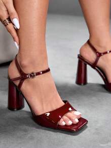 CUCCOO SZL Square Toe Block Heel Strap Burgundy Red Sexy Fashion Women's High Heels, Stylish Outfit For Bad Girl, Night Out, Street Style, Dates, Parties, Summer Spring Shoes Spring Break Easter Prom Heels