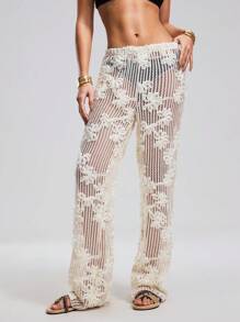 Swim Chiccia Atuendo de verano para mujeres, pantalones anchos y sueltos, tipo pareo para la playa, con diseño de malla calada y bordado floral - Albaricoque - Ver 5