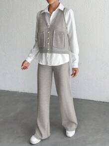EURMUSE 2pcs/Set Women Front Button Sleeveless Pocket Minimalist Top And Long Pants - Light Grey - View 6