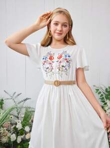 少女荷叶边短袖数码印花连衣裙，适合度假、夏季、旅行