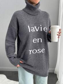 EURMUSE Women Casual Daily Letter Pattern Loose Drop Shoulder Turtle Neck Sweater, Autumn & Winter - Grey - View 6