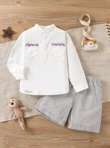 SHEIN Young Boy Geometric Print Long Sleeve Shirt And Striped Shorts Set - White - View 8