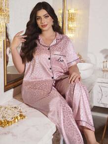 SHEIN MuseNap CURVE Plus Size Women Faux Silk Jacquard Leopard Print Pajamas Set With Short Sleeve Top And Pants - Dusty Pink - View 7