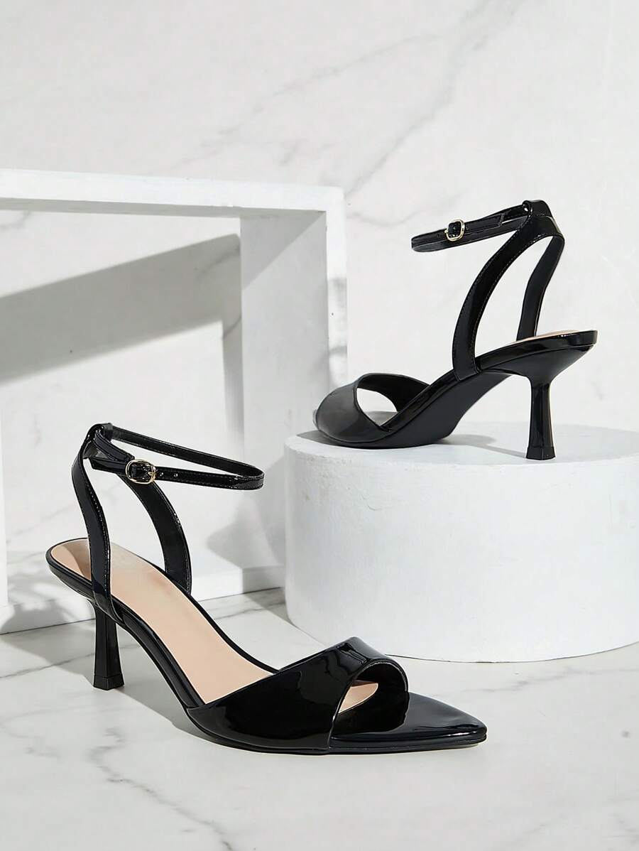 SHUZIA 女士简约尖头鞋垫踝带高跟凉鞋 - 黑色 - 查看 1