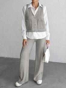 EURMUSE 2pcs/Set Women Front Button Sleeveless Pocket Minimalist Top And Long Pants - Light Grey - View 8
