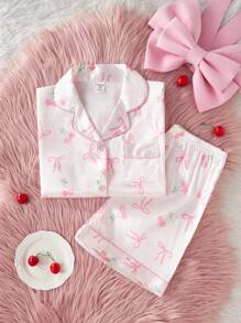 2pcs/Set Tween Girls Cherry & Bow Print Lapel Collar Top With Shorts, Leisure Comfortable Pajamas,Summer,Travel