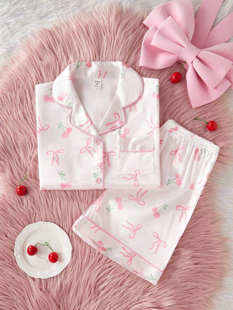 2pcs/Set Tween Girls Cherry & Bow Print Lapel Collar Top With Shorts, Leisure Comfortable Pajamas,Summer,Travel
