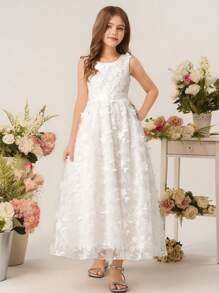 少女优雅奢华可爱圆领白色情人节雪纺覆盖无袖派对礼服适合庆典、婚礼、派对、活动等场合 - 白色 - 查看 5