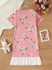 Girls Polka Dot Cat Print English Letter Pattern Ruffle Trim Casual Elegant Long Nightgown Home Dress, Comfortable & Fashion - Multicolor - View 2