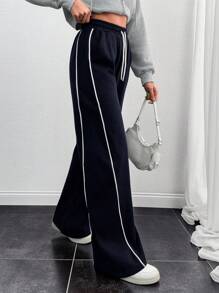 SHEIN Women Stripe Piping Detailed Wide Leg Sweat Pant - Blue - View 4