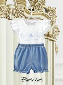 SHEIN Babygirl Summer Cute White Heart Flower Print T-Shirt & Denim Shorts Set,Fashionable Cap Sleeve Top,Family Matching Casual Little Princess Outfit - White - View 7