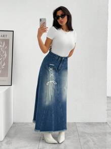 SHEIN Cottnline WOMEN Y2K DENIM SKIRT WITH EYELET DETAIL - Light Wash - View 3