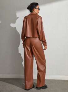 SHEIN Completo giacca e pantaloni in pelle cammello con cerniere in metallo