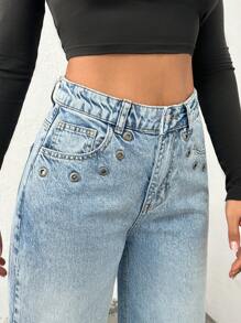 SHEIN Cottnline HIGH RISE STRAIGHT JEAN EYELET POCKET - Light Wash - View 5