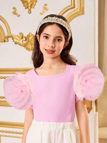 SHEIN Tween Girls Ruffled Organza Shirt Blouse, Short Sleeve Square Neck Decorative Trim Top, Suitable For School, Outings, Family Gatherings, Skirt, Birthday Party, Summer - Pink - View 1