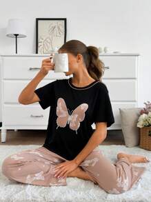 RueChic Women Cotton 2 Pcs Contrast Colour Piping&Butterfly Embroidery Detail Shirt And Contrast Colour Butterfly Pattern Sleep Bottom Homewear PJ Set - Black - View 3