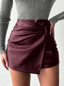 EURMUSE Women Solid Color Mid Rise Wrap Front Pleated Short Skirt/Shorts