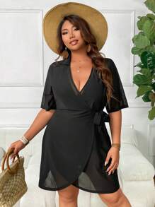 Swim Lushoire Plus Size Basic Casual Wrap Around Cover Up Dress, For Summer Beach Vacation - Black - View 5